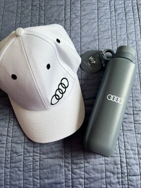Audi White Baseball Hat and Grey Suga Plastic Waterbottle NWT